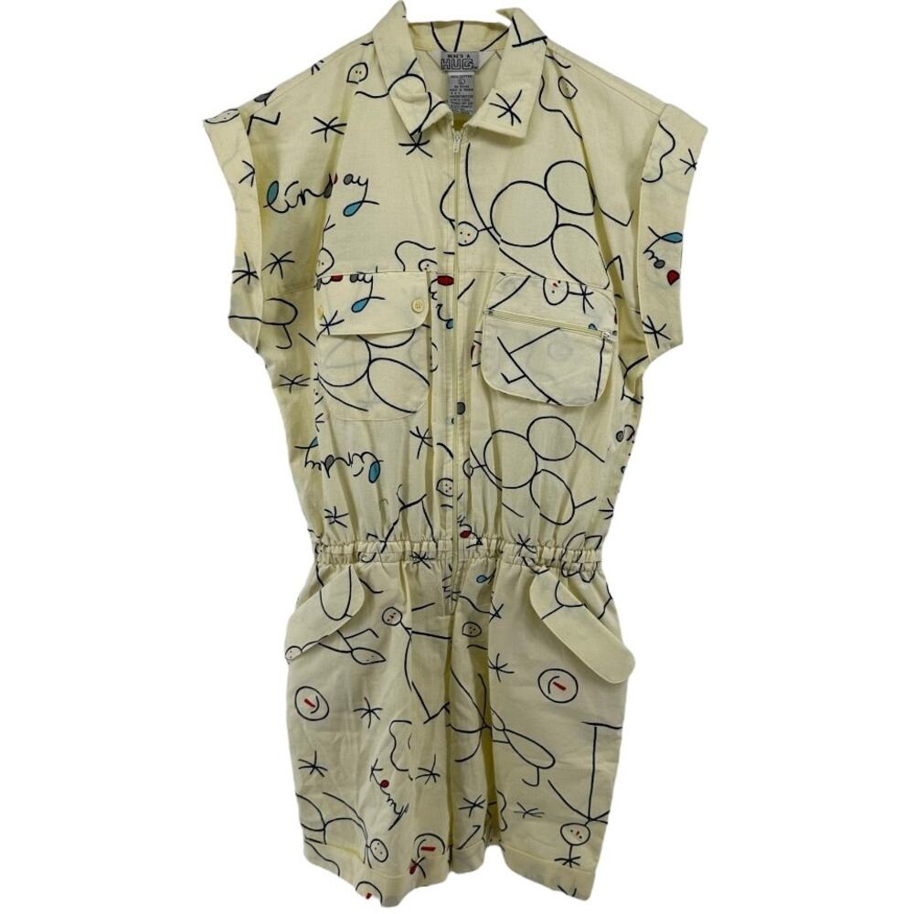 VTG Here's A Hug Printed Shirt Romper Zip Up Drop Sleeve 100% Cotton Yellow L